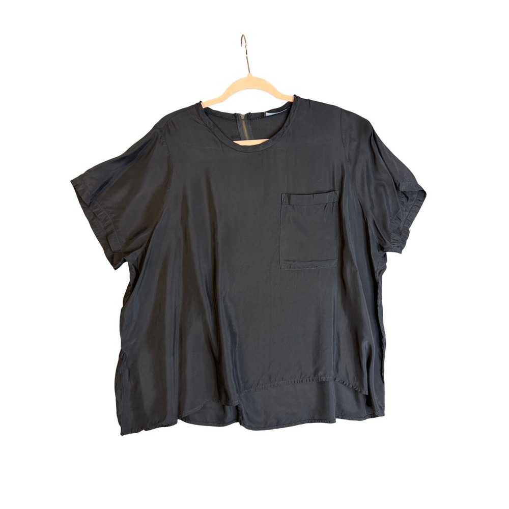 Ruti Cupro Linen Short Sleeve Pocket Top Womens M/L Black Zip Back Minimalist
